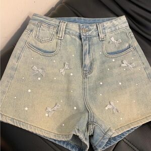 Denim Women's Shorts with Bow Accents